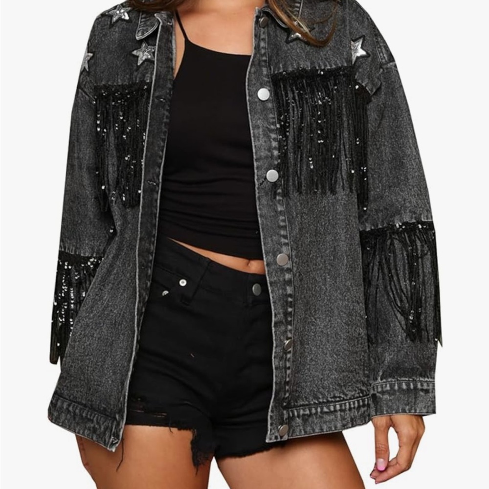 NEW Dark Jean Jacket with Fringe | Size Small